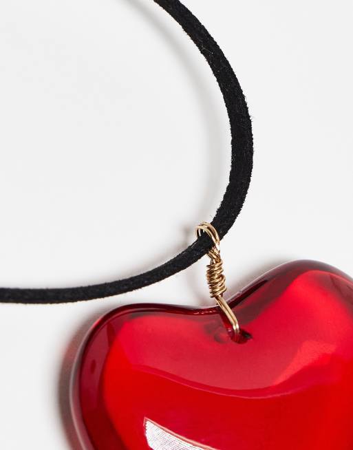 ASOS DESIGN mid length cord necklace with red puff heart