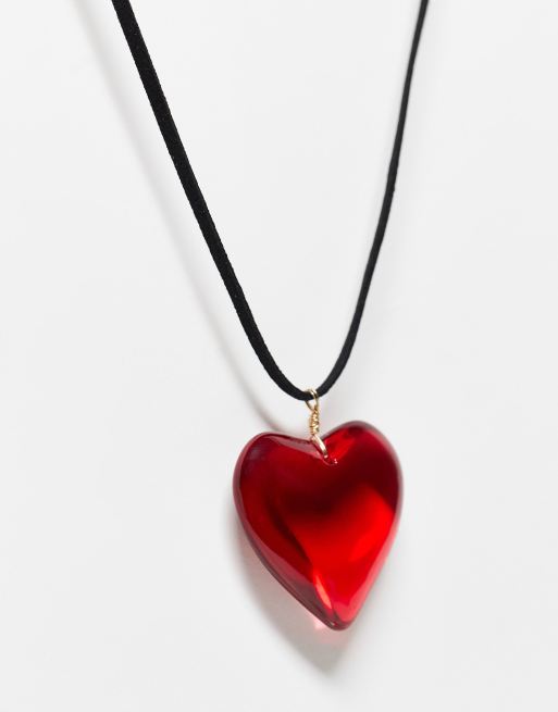ASOS DESIGN mid length cord necklace with red puff heart, 3 of 4