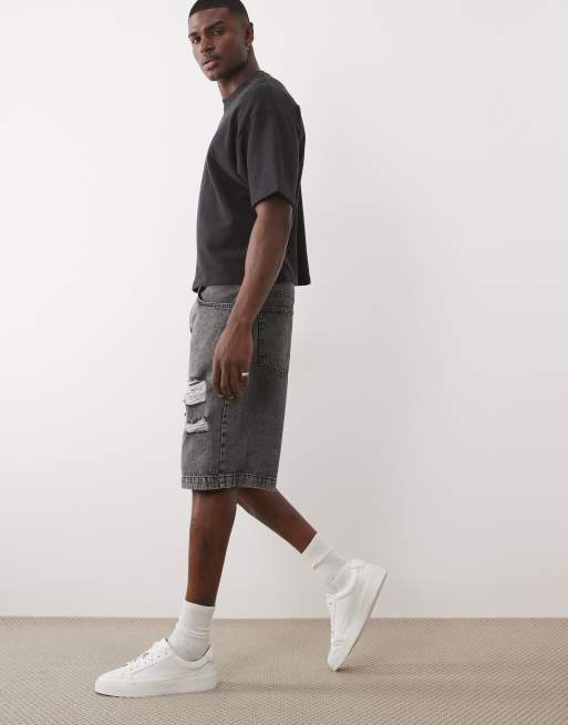 ASOS DESIGN mid length denim jorts in washed black with rips, 3 of 5