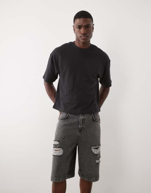 ASOS DESIGN mid length denim jorts in washed black with rips, 5 of 5