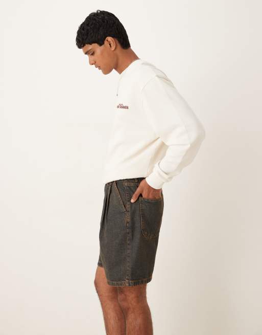 ASOS DESIGN mid length denim jorts with double pleats in brown, 3 of 5