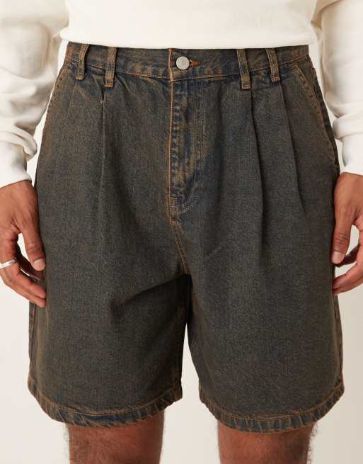ASOS DESIGN mid length denim jorts with double pleats in brown, 4 of 5