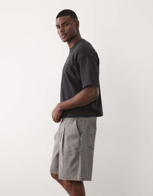 ASOS DESIGN mid length denim stripe jorts in grey with pleats, 5 of 5