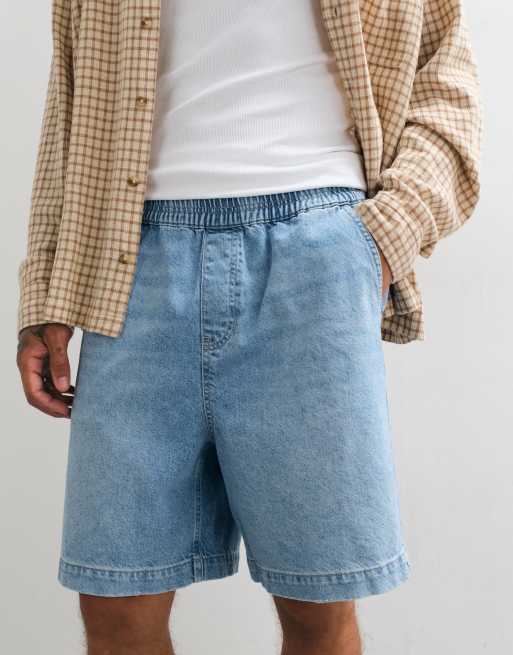 ASOS DESIGN mid length jorts in mid wash blue with elastic waist, 4 of 5