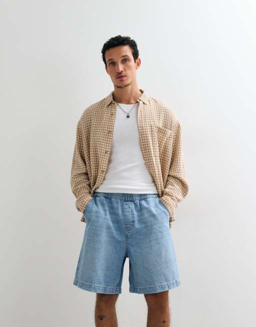 ASOS DESIGN mid length jorts in mid wash blue with elastic waist, 5 of 5