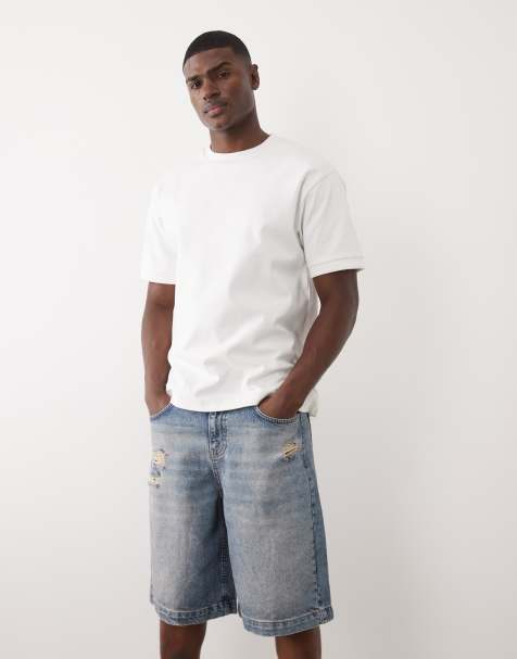 ASOS DESIGN mid length jorts in washed blue with rips - view 1