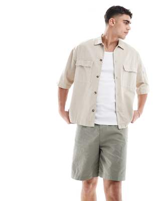 Asos Design Mid Length Linen Blend Shorts In Green