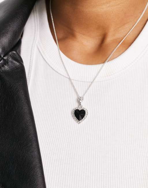 ASOS DESIGN mid length necklace with black stone heart pendant in silver  tone