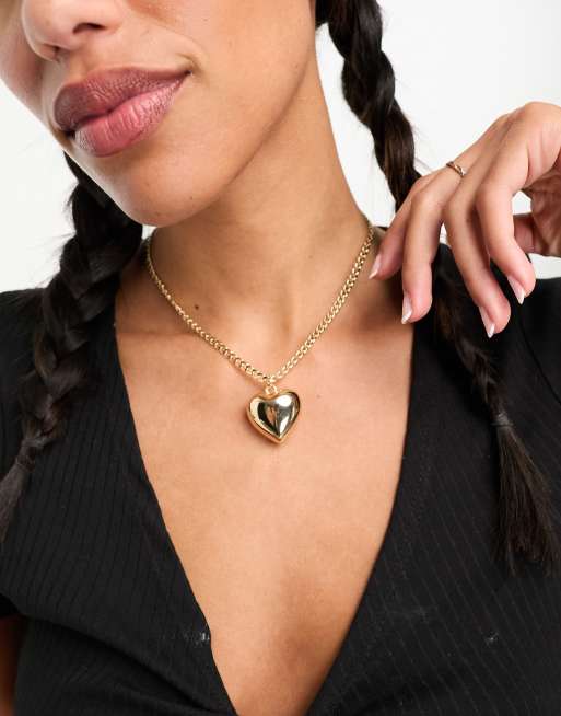 ASOS DESIGN mid length necklace with chain and puff heart pendant in gold tone