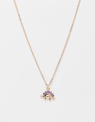 ASOS DESIGN mid length necklace with dinosaur pendant in gold tone