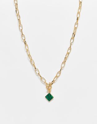 Asos Design Mid Length Necklace With Malachite Look Pendant And T Bar Design In Gold Tone