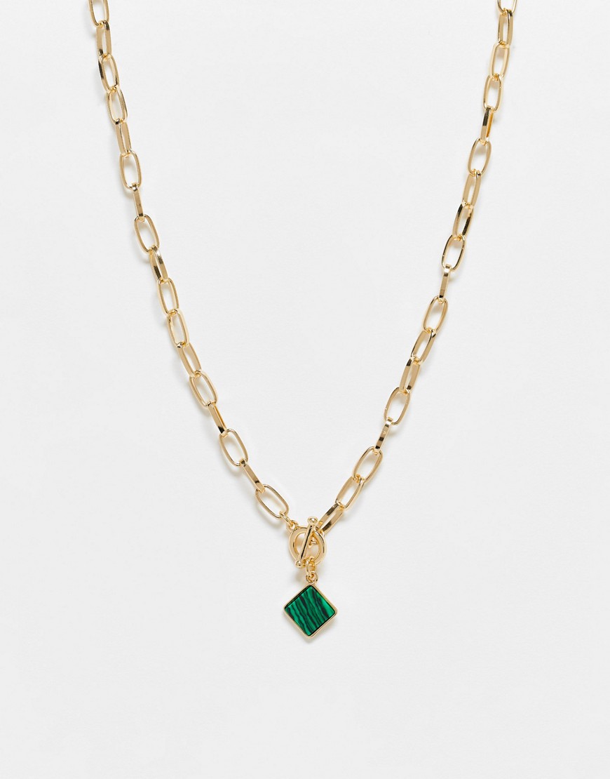 ASOS DESIGN mid length necklace with malachite look pendant and T bar design in gold tone