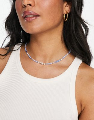 ASOS DESIGN mid length necklace with tonal bead and pearl design in blue | ASOS