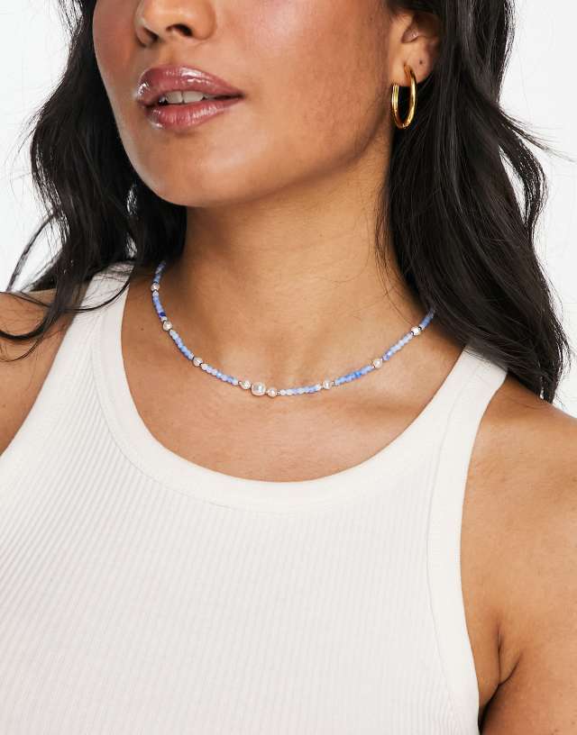 ASOS DESIGN mid length necklace with tonal bead and pearl design in blue