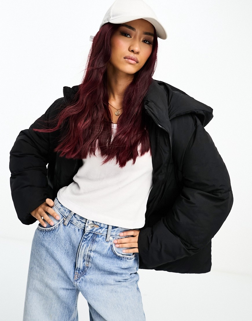 Asos Design Mid Length Padded Coat With Hood In Black