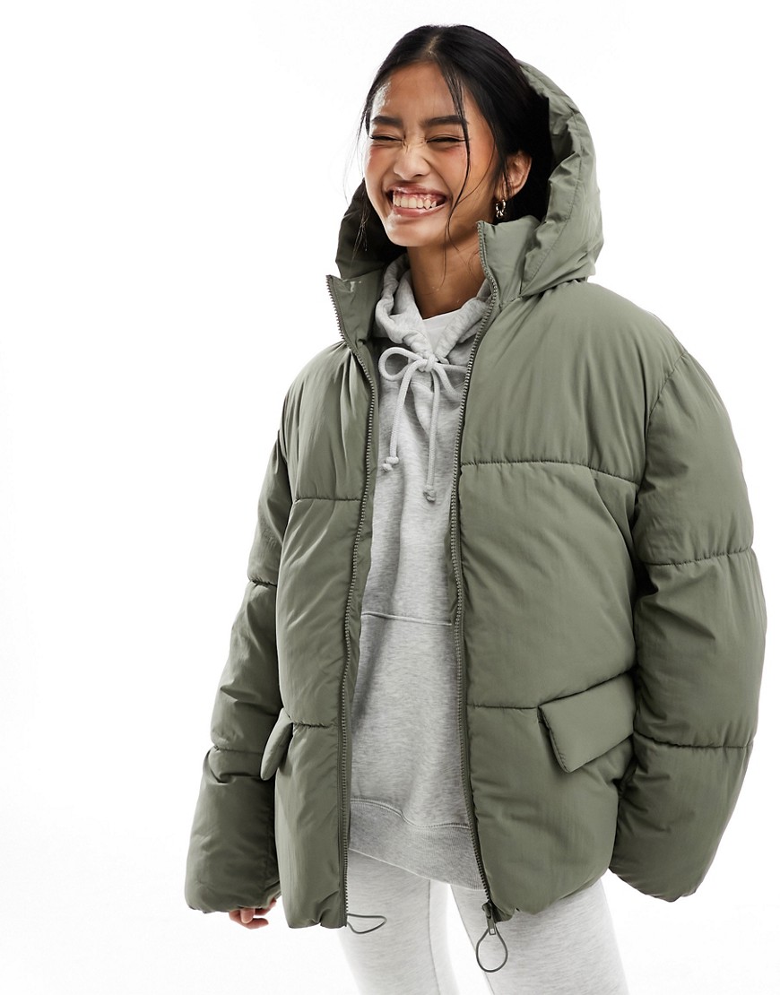 Asos Design Mid Length Padded Coat With Hood In Olive-black