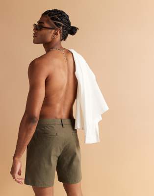 ASOS DESIGN mid length pull on chino shorts in khaki