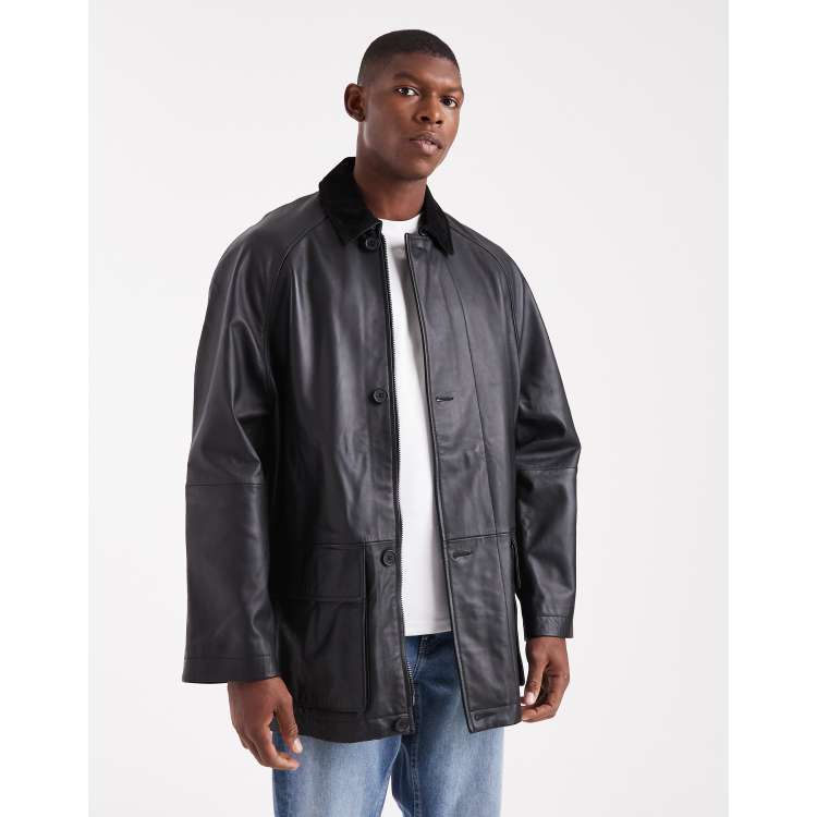 ASOS DESIGN mid length real leather coach jacket in black | ASOS