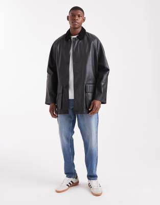 Asos Design Mid Length Real Leather Coach Jacket In Black