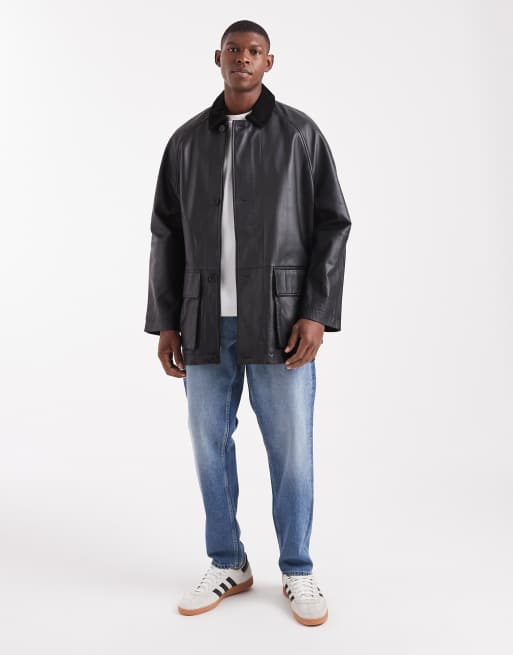 ASOS DESIGN mid length real leather coach jacket in black | ASOS