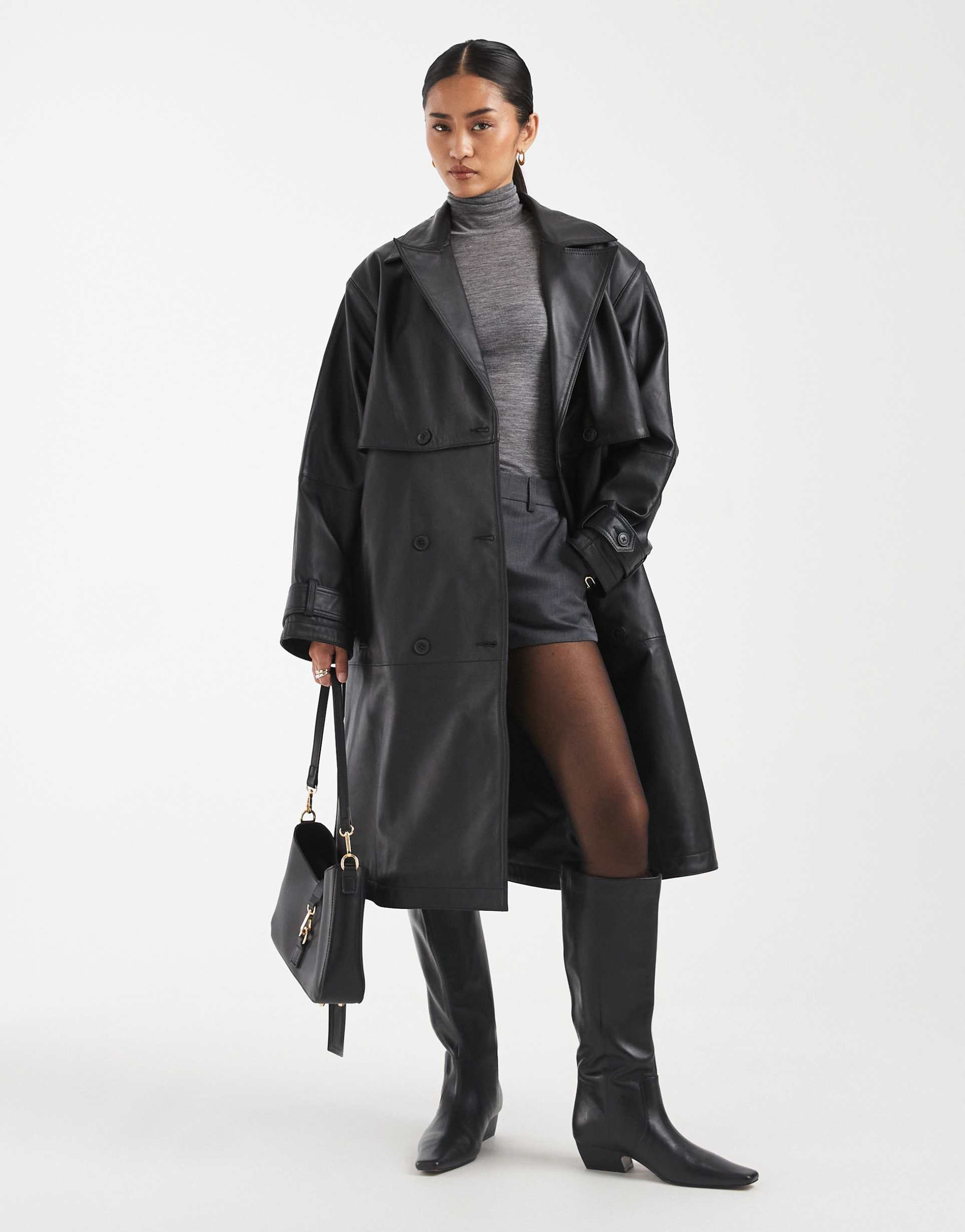 asos design mid length real leather trench coat in black