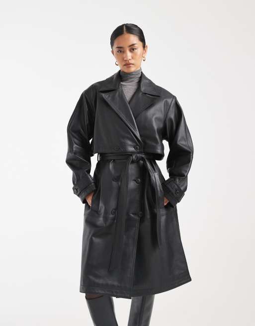 ASOS DESIGN mid length real leather trench coat in black, 2 of 4