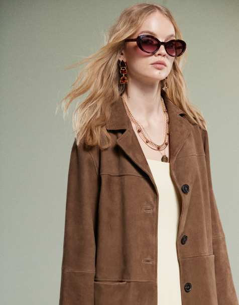 ASOS DESIGN mid length real suede jacket in mocha - view 1