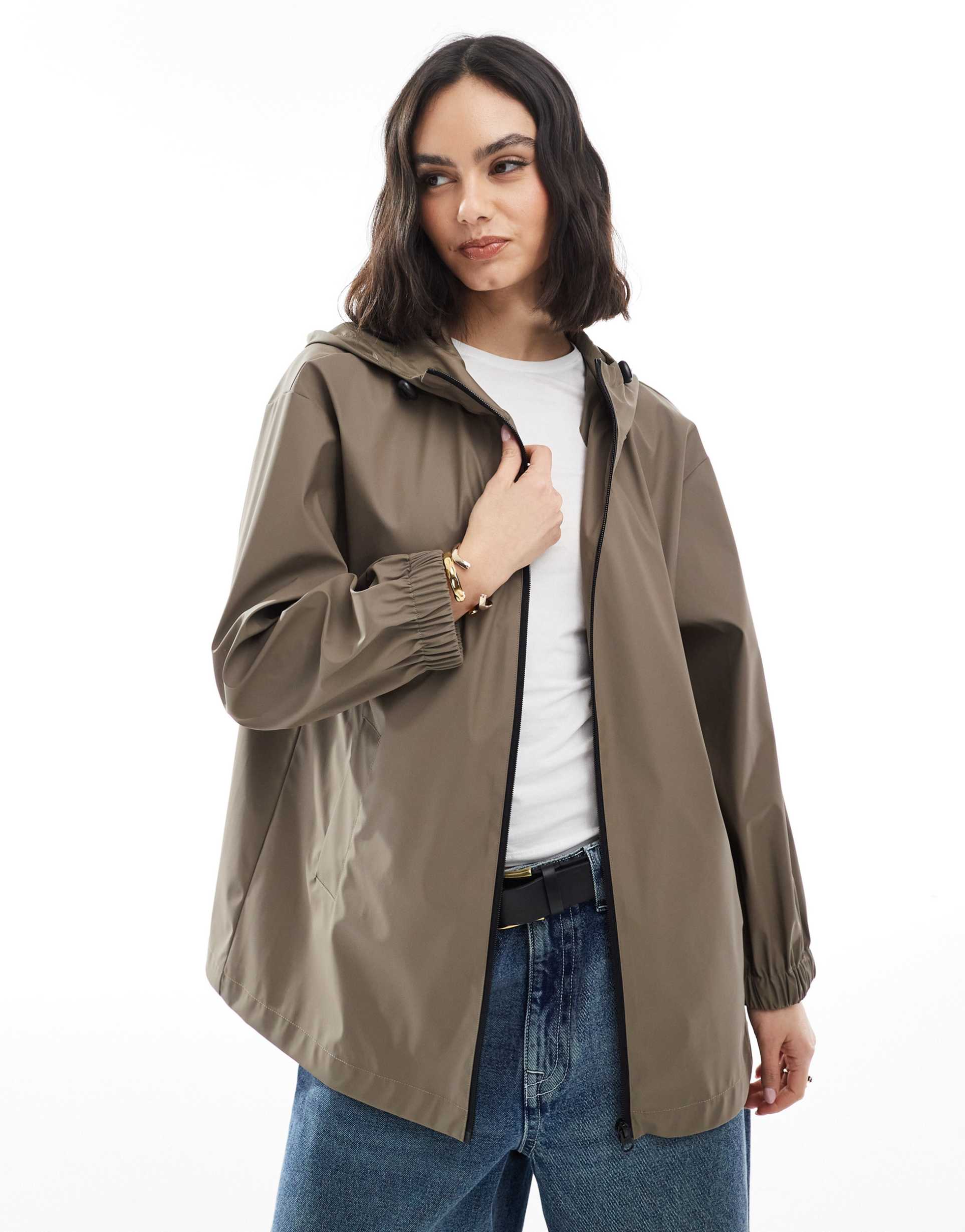 asos design mid length rubberized rain jacket in mushroom