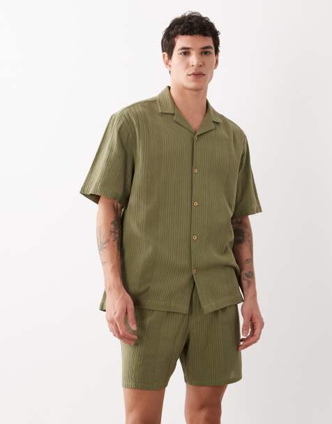 ASOS DESIGN mid length shorts in stripe jacquard in khaki - part of a set - view 1