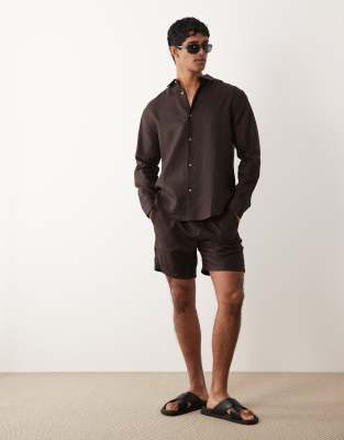 Asos Design Mid Length Slim 100% Linen Shorts In Black