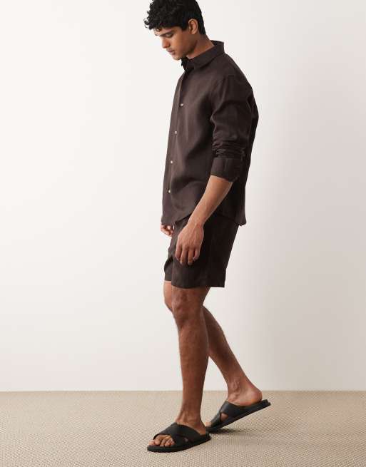 ASOS DESIGN mid length slim 100% linen shorts in brown - part of a set, 3 of 5