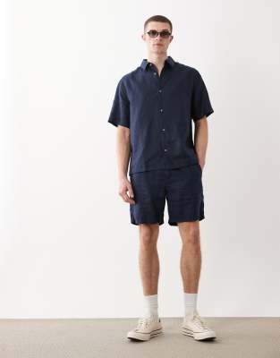 Asos Design Mid Length Slim 100% Linen Shorts In Blue