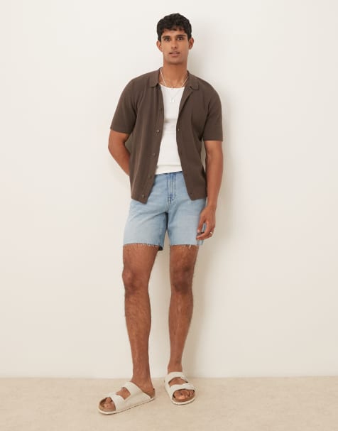 ASOS DESIGN mid length slim denim shorts in light wash blue - view 1