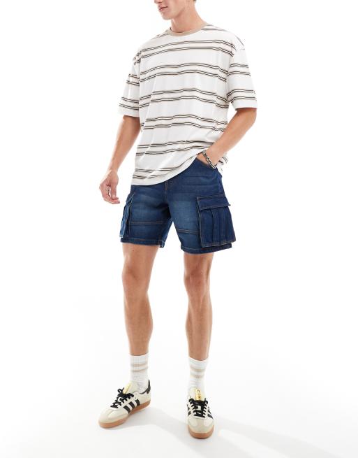 ASOS DESIGN mid length slim denim shorts with cargo detailing in light wash blue, 4 of 5