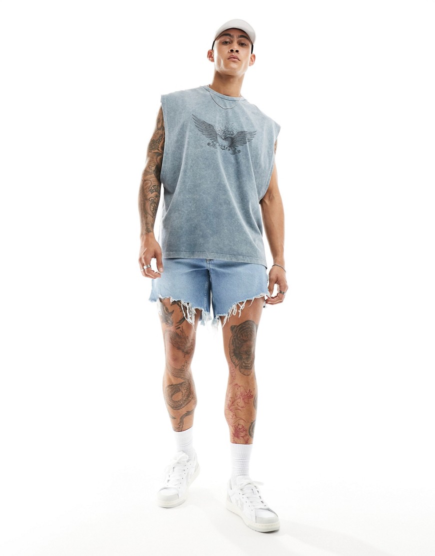 ASOS DESIGN mid length slim denim shorts with heavy ripped hem in light wash blue