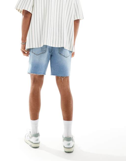 ASOS DESIGN mid length slim denim shorts with rips in light wash blue, 2 of 5
