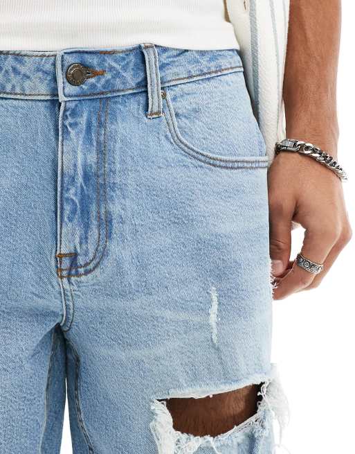 ASOS DESIGN mid length slim denim shorts with rips in light wash blue, 5 of 5