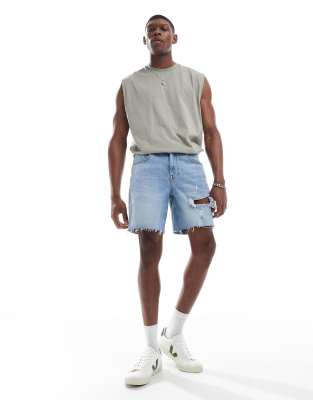 Asos Design Mid Length Slim Denim Shorts With Rips In Blue