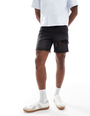 mid length slim denim shorts with rips in wash black