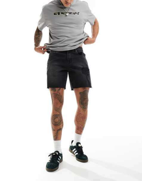 ASOS DESIGN mid length slim denim shorts with rips in washed black - view 1