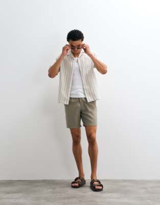 Asos Design Mid Length Slim Linen Blend Shorts In Brown