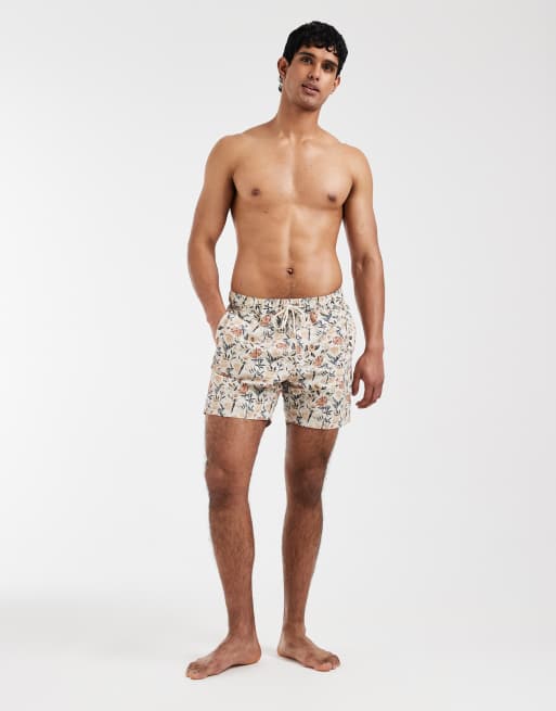 ASOS DESIGN mid length swim shorts in beige floral print, 2 of 5