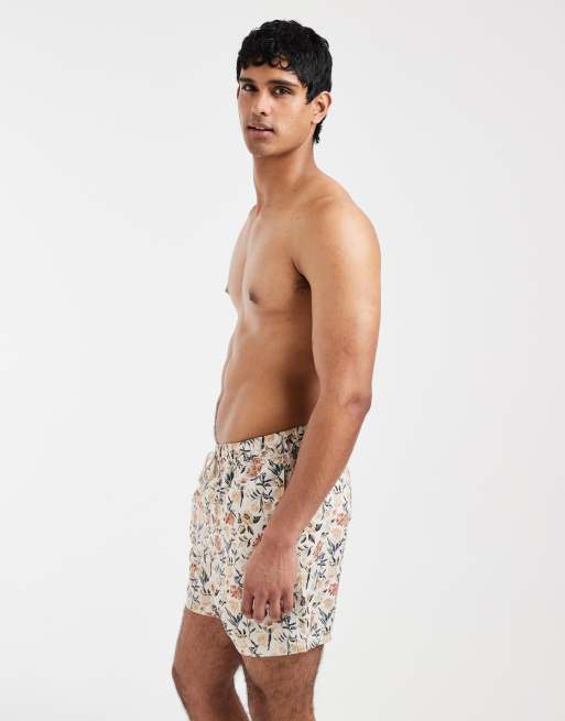 ASOS DESIGN mid length swim shorts in beige floral print, 3 of 5