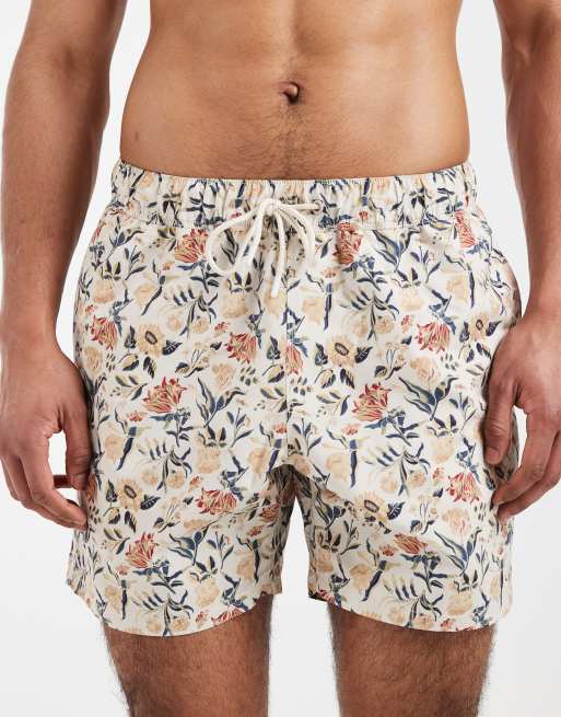 ASOS DESIGN mid length swim shorts in beige floral print, 4 of 5