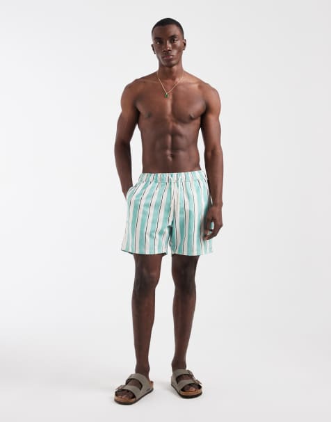 ASOS DESIGN mid length swim shorts in turquoise watercolour stripe - view 1