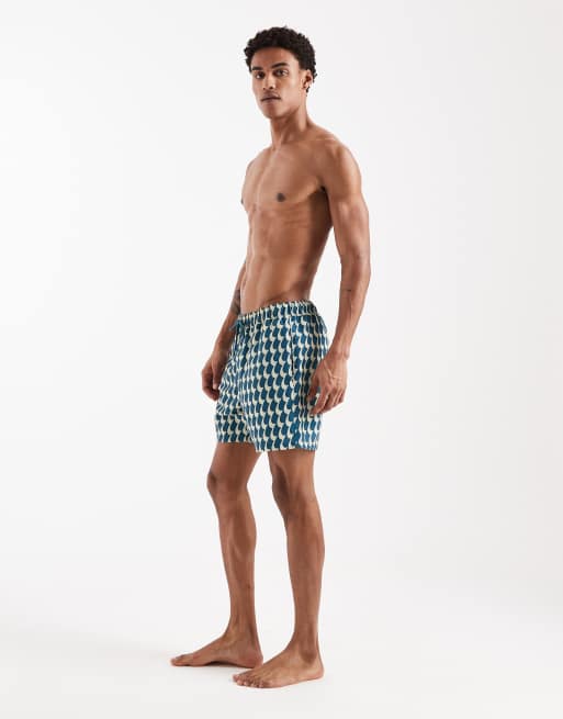 ASOS DESIGN mid-length swim shorts in wavey blue print, 3 of 5