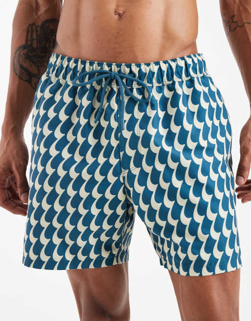 ASOS DESIGN mid-length swim shorts in wavey blue print, 5 of 5