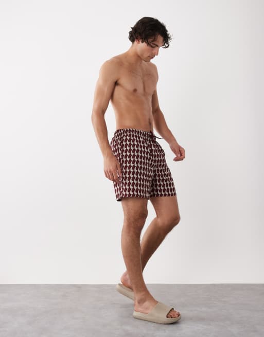 ASOS DESIGN mid length swim shorts in wavy burgundy print, 3 of 5