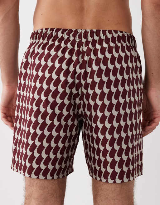 ASOS DESIGN mid length swim shorts in wavy burgundy print, 5 of 5
