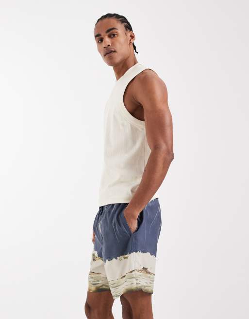 ASOS DESIGN mid length swim shorts with blue beach photo print, 3 of 5